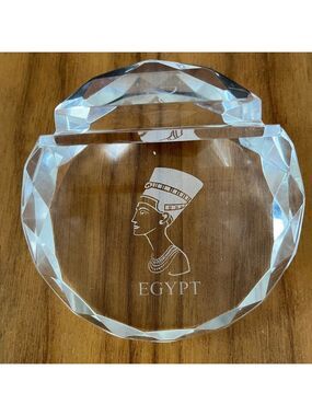 GLASS Faceted Paperweight Business Card Holder Egypt Queen Nefertiti Engraved